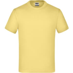 A yellow t-shirt with short sleeves and a round neckline. It features a label and a logo on the inside.