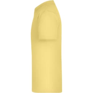 A yellow T-shirt with short sleeves and a round neckline, featuring a branding logo.