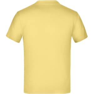 A plain yellow T-shirt with a round neck and short sleeves, featuring a logo on the back.