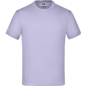 A lilac short-sleeved T-shirt with a round neckline and a label inside. The shirt has a logo on it.