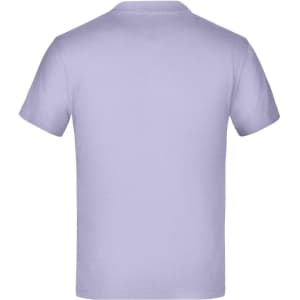 A plain lilac t-shirt with a round collar and short sleeves, featuring a logo.