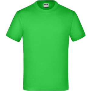A bright green T-shirt with a round neck and short sleeves. It features a logo on the label.