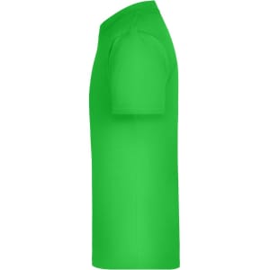 A vibrant green t-shirt viewed from the side, featuring a short sleeve and a simple design. It has a logo.