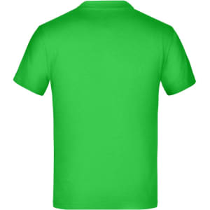 A green T-shirt with short sleeves and a simple design, featuring a logo on the back.