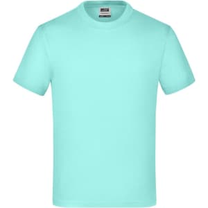 A mint green T-shirt with short sleeves and a crew neck, featuring a branding label inside.