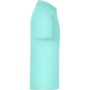 A light blue T-shirt is presented side-on, featuring a simple design and a standard fit. It has a logo on the fabric.