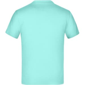 A mint green short-sleeved t-shirt with a plain back and a logo branding.