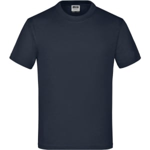 A navy blue short-sleeved t-shirt with a round neckline and a label on the inside.