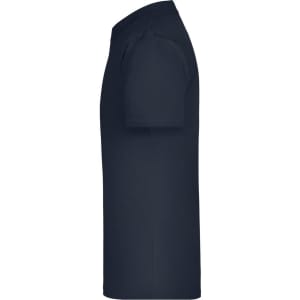 A navy blue T-shirt featuring a crew neck and short sleeves, with a logo on the side.