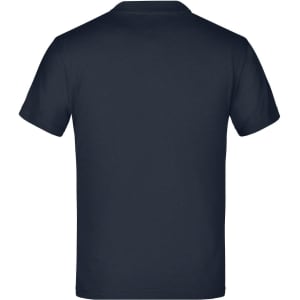 A navy blue T-shirt with a simple design and a logo on the back. Short-sleeved and classic fit.