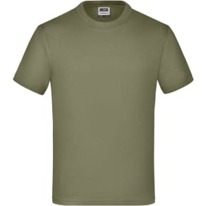 A short-sleeved, olive green t-shirt with a simple design and a logo on the label.