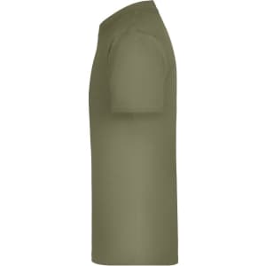 A side view of an olive green T-shirt with short sleeves, featuring a logo.
