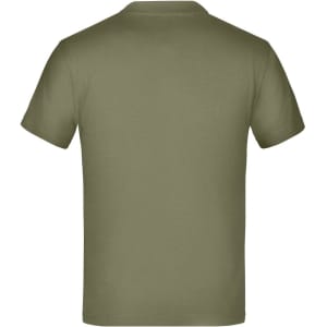 A plain olive green T-shirt with a round neckline and short sleeves. The shirt has a logo on the back.