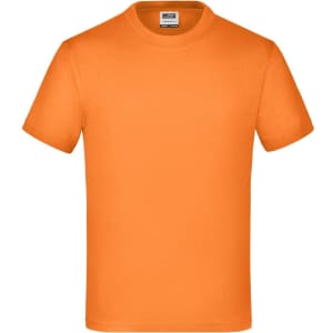 An orange Junior Basic-T shirt with a round neck and short sleeves, featuring a logo on the label.