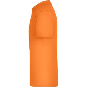 An orange T-shirt featuring a side view. It has a crew neck and short sleeves, with a logo visible.