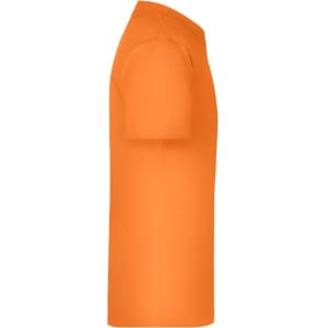 An orange T-shirt featuring short sleeves and a straight hemline. The shirt has a logo on it.