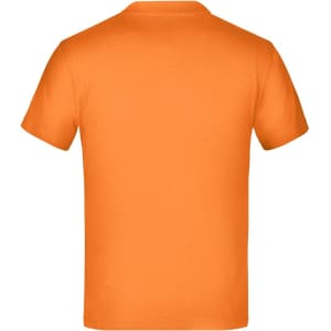 An orange T-shirt with a standard crew neck and short sleeves, featuring a logo on the back.