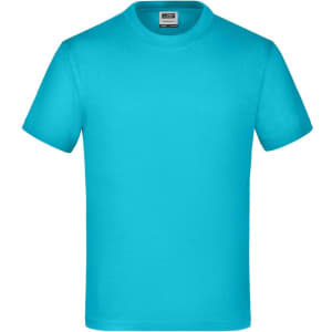 A turquoise t-shirt featuring a crew neckline and short sleeves, with a logo on the label.