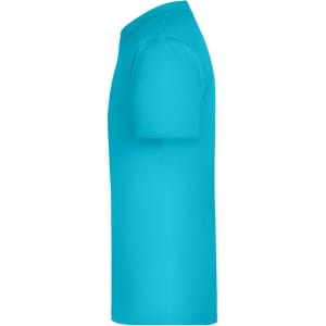 A turquoise T-shirt with short sleeves and a fitted silhouette, featuring a logo on the fabric.
