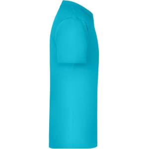 A turquoise t-shirt displayed from the side, featuring short sleeves and a plain design with a logo.