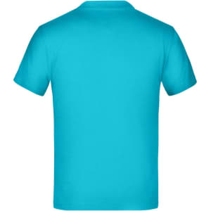 A bright turquoise t-shirt with short sleeves and a crew neck, featuring a logo on the back.