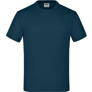 A navy blue T-shirt with a classic crew neck and short sleeves, featuring a logo on the label.