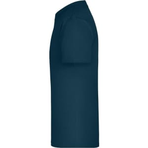 A navy blue T-shirt featuring short sleeves and a classic fit. The shirt has a logo on the side.