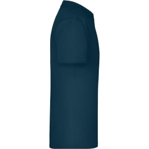 A side view of a dark blue T-shirt with short sleeves. The shirt has a simple design and a logo on it.