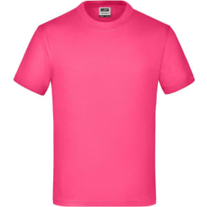 A bright pink T-shirt with short sleeves and a crew neckline, featuring a logo on the label.