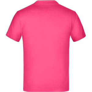 A bright pink T-shirt with short sleeves and a plain back. Features a logo at the back.