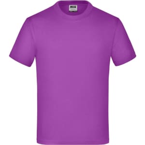 A purple Junior Basic-T shirt with a crew neck and short sleeves, featuring a logo on the label.