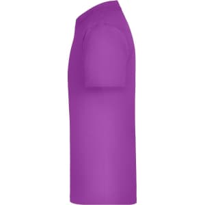 A side view of a purple T-shirt, featuring short sleeves and a simple design. There is a logo on the shirt.
