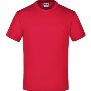 A red short-sleeve T-shirt with a round neck, featuring a logo on the label inside.