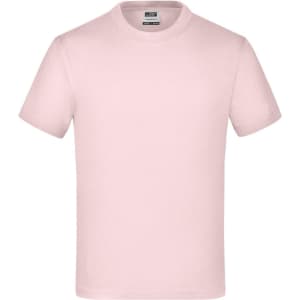 A plain pink T-shirt with short sleeves and a round neckline. It features a logo on the label.