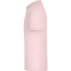 A side view of a pink junior T-shirt with short sleeves, featuring a logo on the side.