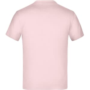 A pink junior t-shirt featuring a plain back design and a logo on the neck area.