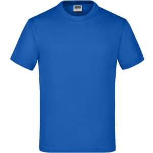 A bright blue T-shirt with short sleeves and a round neckline, featuring a logo on the label.