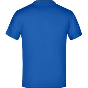 A blue Junior Basic-T t-shirt featuring a plain back and a logo on the neck area.