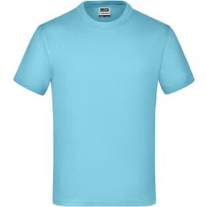 A light blue short-sleeved T-shirt with a round neckline and a label inside. It has a logo on the label.