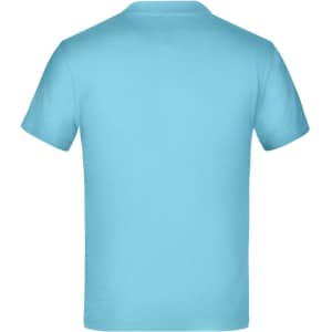 A blue Junior Basic-T shirt, featuring a simple design and a logo on the back.