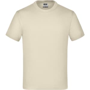 A plain cream-coloured T-shirt with short sleeves and a round neckline. It features a logo on the inside tag.