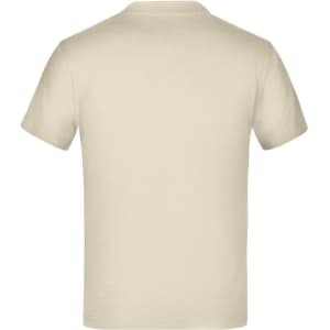 A plain beige T-shirt with short sleeves, featuring a logo on the back.