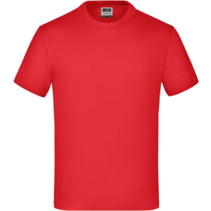 A red short-sleeved T-shirt with a round neck and a logo on the label.