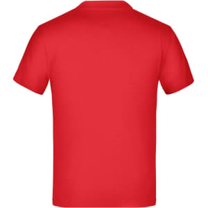 A red Junior Basic-T shirt displayed from the back, featuring a simple design and a logo.