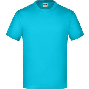 A turquoise T-shirt with short sleeves, featuring a plain design and a brand label inside the neckline.