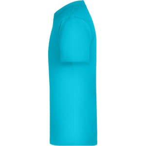A bright turquoise t-shirt displayed from the side, featuring short sleeves and a simple design. It has a logo.