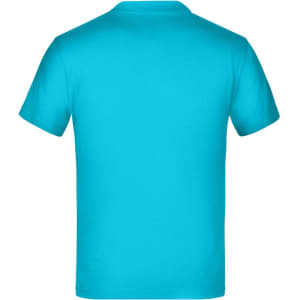 A bright turquoise short-sleeved t-shirt with a plain back and a logo. Suitable for casual wear.