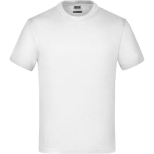 A plain white T-shirt with short sleeves and a crew neckline, featuring a logo on the label.