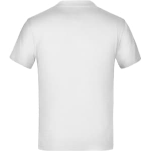 A plain white T-shirt with a classic crew neck and short sleeves. It features a logo on the back.