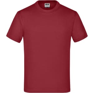 A red short-sleeve T-shirt, featuring a round neck and a label inside the collar. It has a simple design.